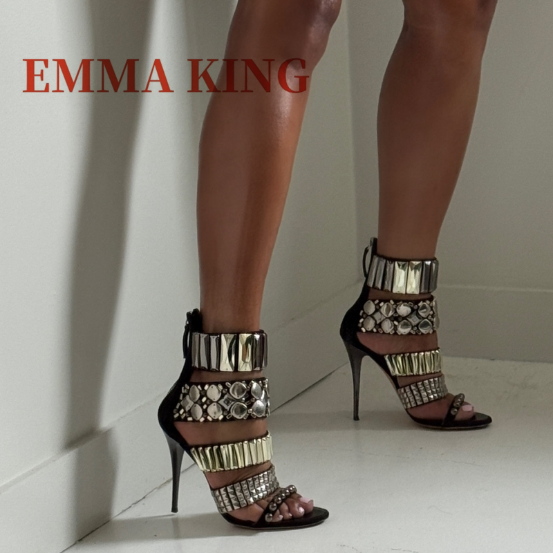 Rhinestone Sandal Women - Preto embelezado tornozelo cinta sandálias verão